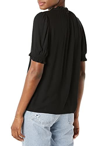 Amazon Essentials Women's Fluid Twill Short Puff Sleeve Smock Detail Shirt, Black, Medium - Image 2