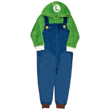 Nintendo Super Mario Brothers Boys Long Sleeve Onesie Zip Coverall with Hoodie Luigi Cosplay Zip Up Onesie for Kids (Green and Blue Size 7) - Image 1