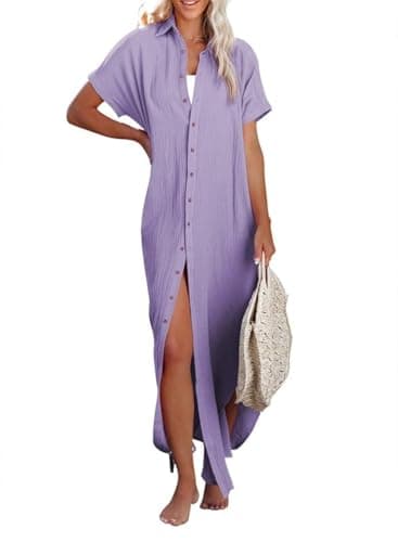 Dokotoo Swimsuit Bathing Suit Cover Up for Women Swimwear 2025 Fashion Summer Dresses Button Down Long Kimonos Cardigan Vacation Beach Short Sleeve Side Split Casual Solid Loose Coverups Purple M - Image 1