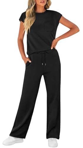 WIHOLL Workout Sets for Women 2 Piece Travel Airport Outfits on Plane Summer Business Casual Loungewear Ladies Cap Sleeve Wide Leg Pants Comfy Sets Resort Wear for Womens 2025 Clothing Black M - Image 3