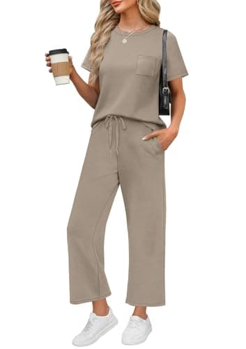 WIHOLL Workout Sets for Women 2 Piece Short Sleeve Summer Cruise Business Casual Outfits 2025 Going Out Two Piece Sets Women's Clothing Country Concert Crew Neck Tracksuits Coffee L - Image 1