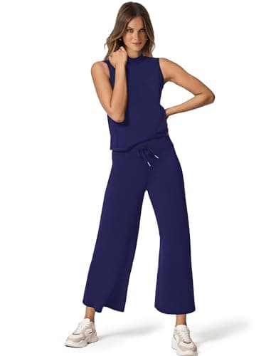 SAMPEEL Lounge Sets for Women 2 Piece 2024 Summer Casual Travel Ladies Loungewear Set Business Casual Outfits Work Mock Neck Tops Sweat Set Royal Blue M - Image 2