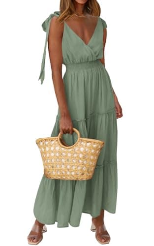 PRETTYGARDEN Women's Cross Neck Summer Sleeveless Tiered Maxi Dress Beach Tie Strap Smocked Long Dresses Pleated Sundress (Grey Green,Medium) - Image 1
