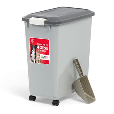 IRIS USA Dog Food Storage Container with Wheels, Airtight Lid, 2-Cup Scoop, Up to 40 Pounds Pet Food Storage, Built in Scoop Storage in Lid, Versatile Pet Food Bin, Portable, BPA Free, Gray/Dark Gray - Image 1