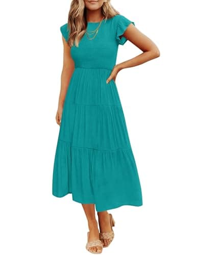 ZESICA Women's 2025 Summer Casual Flutter Short Sleeve Crew Neck Smocked Elastic Waist Tiered Midi Dress,Peacock,Medium - Image 1