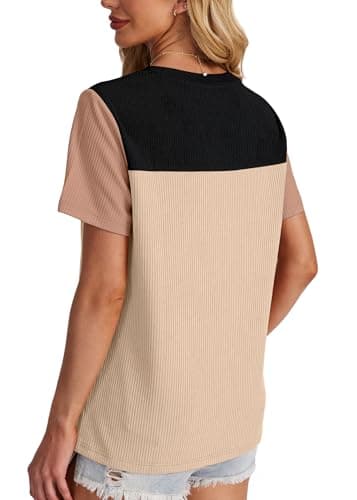WIHOLL Womens Tops Trendy Casual Womens Fall Fashion 2025 Waffle Knit Short Sleeve Shirts for Women Old Money Clothes Teacher Outfits Color Block Patchwork Tunic Pullover Soft Striped Black L - Image 2