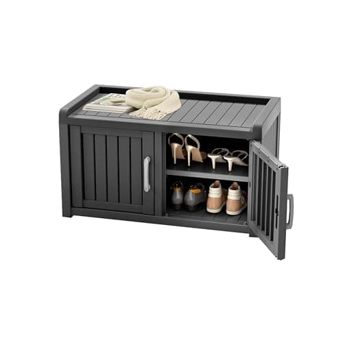 ROJIK Shoe Cabinet Waterproof UV-Resistant,Storage Bench Indoor Outdoor with Adjustable Shelves,for Entryway Bedroom,Hallway,Living Room(Double Door,Black) - Image 1