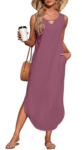 MISFAY Women's Summer Maxi Dress Sleeveless Loose Long Beach Split Dresses with Pockets(Mauve,L) - Image 1