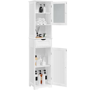 Yaheetech Tall Bathroom Storage Cabinet 67″, Wooden Floor Cabinet with Glass Door, Freestanding StorageOrganizer with Adjustable Shelves, 1 Drawer and Open Storage for Bathroom, Kitchen, Living Room - Image 1