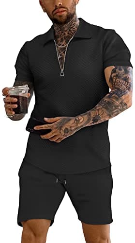URRU Men's Polo Shirt and Shorts Set Summer Outfits Fashion Casual Short Sleeve Polo Suit for Men 2 Piece Short Set Black M - Image 1