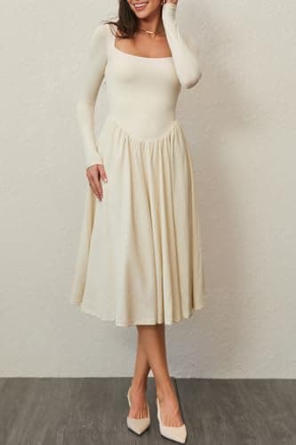 CHYRII Womens Spring Fashion 2025 Square Neck Long Sleeve Casual A-Line Midi Dress Beige XXL - Image 2