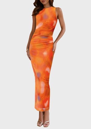 PRETTYGARDEN Wedding Guest Dresses for Women 2025 Summer Spring Floral Bodycon Sleeveless Mesh Maxi Long Dress(Print Orange,Medium) - Image 3