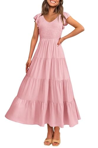 PRETTYGARDEN Women's Summer Flowy Maxi Dress Casual Cap Sleeve V Neck Smocked Beach Sundress (Solid Pink,Medium) - Image 1