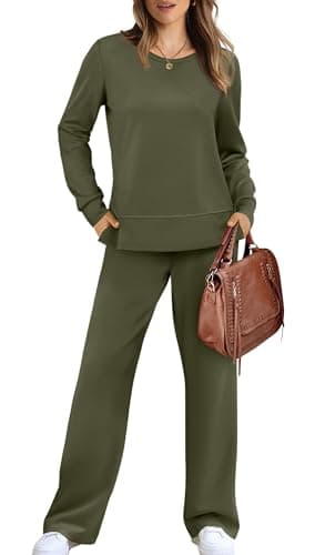 WIHOLL Women Two Piece Sets Casual Fall Long Sleeve Tracksuit Wide Leg Outfits Oversized Loungewear Women's 2 Piece Lounge Sets Green XXL - Image 2