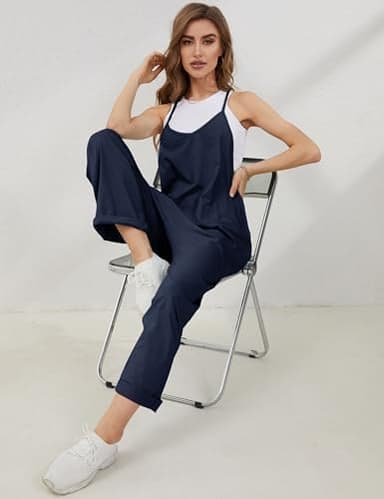 Lentta Women's Causal Jumpsuits V Neck Sleeveless Harem Overalls Stretchy Adjustable Strap Romper with Pockets(DarkBlue-S) - Image 6
