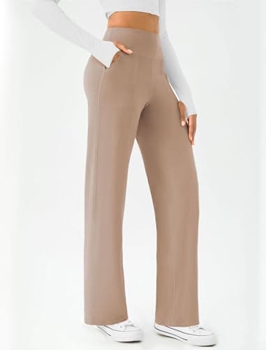 DLOODA Womens Wide Leg Yoga Pants Casual Work Dress Pants Lounge Sweatpants High Waist Comfy Loose Trousers with Pockets Taupe - Image 2