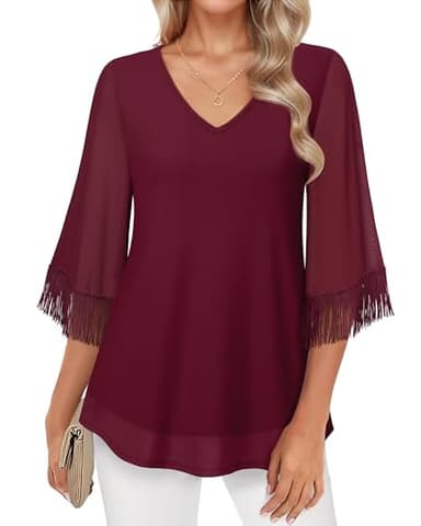Lotusmile Dressy Tops for Women: Ladies Cocktail Tops for Women Evening Party - Elegant V Neck 3/4 Flared Sleeve Shirts - Business Casual Tops (Wine, M) - Image 1