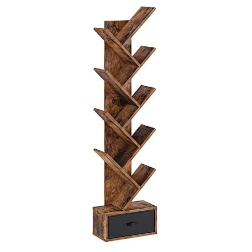 Rolanstar Tree Bookshelf with Drawer, 9 Shelf Bookshelf, Wooden Bookcase Storage Rack for CDs/Movies/Books, Corner Bookshelves, Utility Organizer Shelves for Living Room, Bedroom, Rustic Brown - Image 1