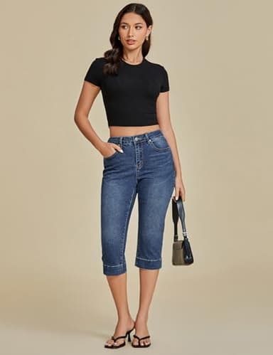 luvamia Capri Jeans for Women Trendy High Waisted Slim Split Hem Stretch Denim Jean Capris Cropped Pants Casual Summer Capri Jeans for Women Dark Atlantic Blue Medium Fits Size 8 / Size 10 - Image 6