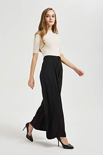 Tronjori Women High Waist Casual Wide Leg Long Palazzo Pants Trousers Regular Size(XL Short,Black) - Image 3