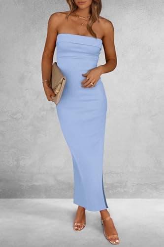 PRETTYGARDEN Women's Summer Bodycon Maxi Tube Dress Ribbed Strapless Side Slit Long Going Out Casual Elegant Party Dresses (Light Blue,Medium) - Image 6