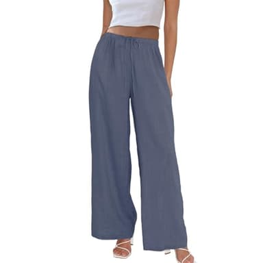 Duyang Womens Cotton Linen Palazzo Pants Drawstring Elastic Waist Casual Wide Leg Trousers with Pockets(Blue,M) - Image 1
