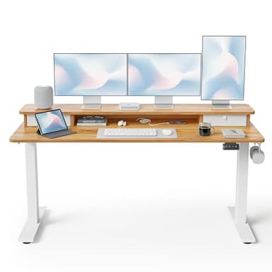 FEZIBO 60 x 24 Inch Height Adjustable Electric Standing Desk with Double Drawer, Computer Desk, Home Office Stand Up Table with 4 Height-Adjustable Feets & 2 Hooks, Light Rustic - Image 1