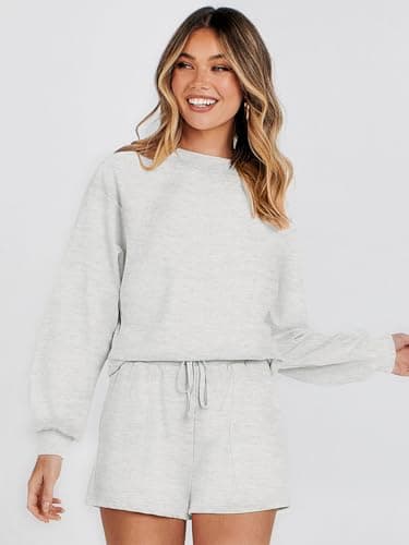MEROKEETY Women's 2025 Fall Oversized Batwing Sleeve Lounge Sets Casual Top and Shorts 2 Piece Outfits Sweatsuit Light Grey - Image 9