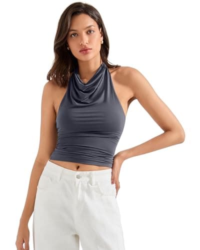SUUKSESS Women Halter Backless Tank Tops Sexy Cowl Neck Summer Going Out Tops Sleeveless Camisole Top (Ash,XS) - Image 1