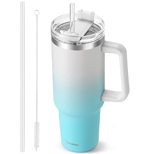 TaroKitc 40 oz Tumbler with Handle | Stainless Steel Insulated Travel Mug with Lids and Straw | Iced Coffee Cup | Keeps Cold for 34 Hours | Dishwasher Safe, BPA Free | Clear Sky - Image 1