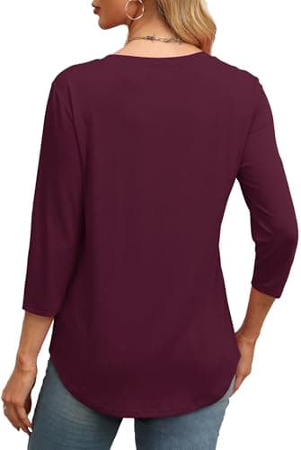 XIEERDUO 3/4 Length Sleeve Womens Tops Dressy Casual Crewneck Pleated Tunic Tops Loose Fit Burgundy M - Image 4