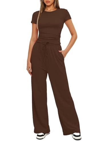 Darong Women's Two Piece Outfits Lounge Sets Ruched Short Sleeve Pullover Tops and High Waisted Pants Tracksuit Sets 9042A Coffee S - Image 3