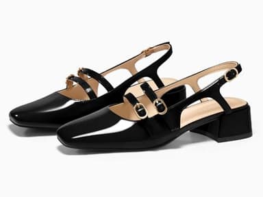 Coutgo Womens Mary Jane Chunky Low Heels Slingback Pumps Closed Square Toe Wedding Dress Shoes, Black, Size 8 - Image 4