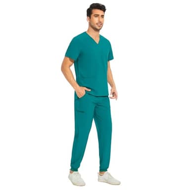 COZYFIT Men Scrubs Set — Stretch V-Neck Scrub Top & Jogger Pant with 8 Pockets, Yoga Waistband, Anti-Wrinkle Scrubs for Men - Hunter Green, M - Image 3
