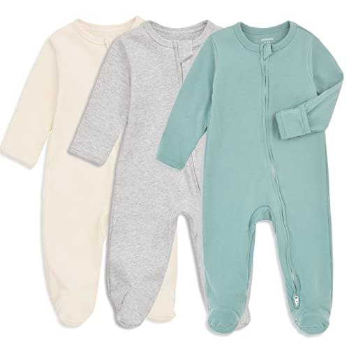 Aablexema Baby Footie Pajamas with Mitten Cuffs, Double Zipper Infant Cotton clothes Sleeper Pjs, Footed Sleep Play (0-3m, Ivory & Grey & Blue) - Image 1