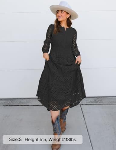 ZESICA Women's 2025 Fall Long Sleeve Maxi Dress V Neck Hollow Out Eyelet A Line Long Flowy Casual Party Dresses Black Large - Image 6