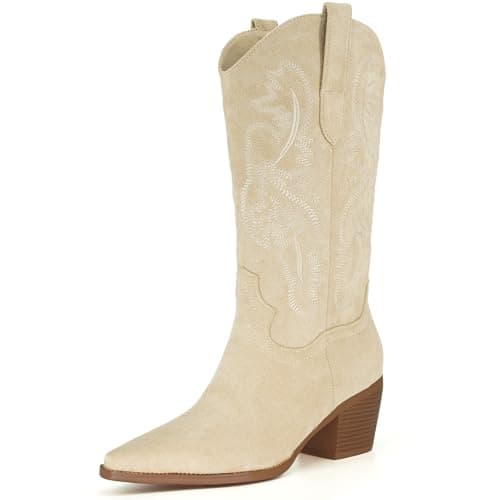 iiimmu Cowgirl Tall Boots Pointed Toe and Block Heel Cowboy Suede Boots with Embroidered, Beige, Size 8 - Image 1