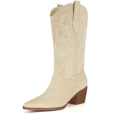 iiimmu Cowgirl Tall Boots Pointed Toe and Block Heel Cowboy Suede Boots with Embroidered, Beige, Size 8 - Image 1