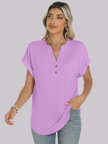 ANRABESS Womens Short Sleeve Henley Tops V Neck Dressy Casual Loose Fit Shirts Summer Flowy Blouses 2025 Trendy Clothes Light Purple Medium - Image 6