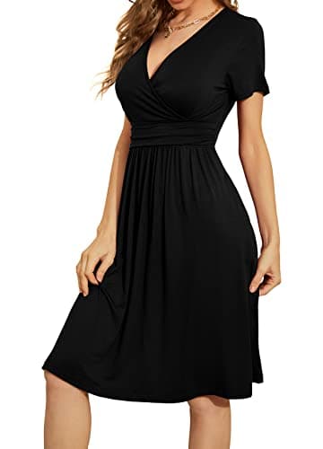 WEACZZY Summer Dress for Women Casual Short Sleeve Black Dresses Wrap V-Neck Party Dress with Pockets,Black,XL - Image 2