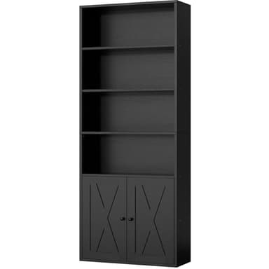 Shintenchi Bookshelf, Industrial Bookshelves and Bookcases with Doors Floor Standing 6 Shelf Display Storage Shelves 70.6 inches Tall Bookcase for Home Office, Living Room (Black) - Image 1