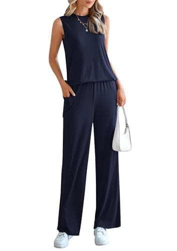 PRETTYGARDEN Women's 2 Piece Lounge Set 2025 Summer Casual Loose Tank Top Wide Leg Pants Matching Travel Outfits Tracksuit (Navy,X-Large) - Image 3