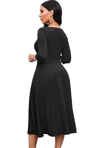 Nmoder Women's Casual Wrap Flared Midi Dress Wedding Guest Cocktail Tea Dresses A-Line Swing V-Neck 3/4 Sleeve Black XL - Image 4