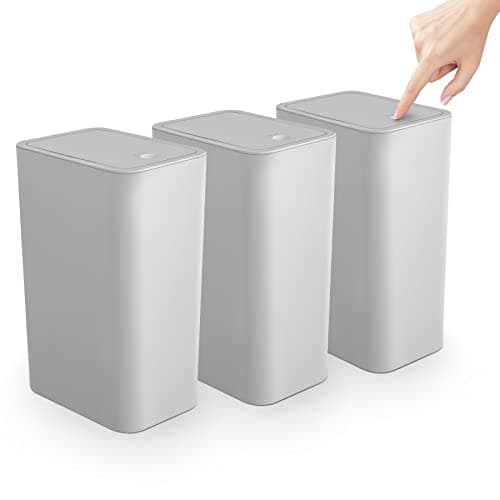 TrashAid 3 Pack Bathroom Trash Can with Lid, 2.6 Gallon / 10 Liter Small Garbage Can with Press Top Lid, Plastic Wastebasket with Pop-up Lids for Toilet, Office, Bedroom, Living Room, Grey - Image 1