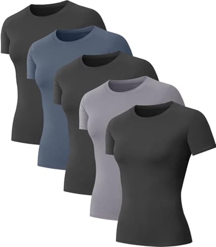 NebuKinex 5-Pack Women's Compression Shirts Short Sleeve Workout Tops Athletic Baselayer Quick Dry Gym Yoga Running T-Shirt Medium - Image 1