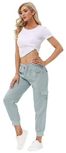 MoFiz Women Cargo Pants with Pockets Lightweight Outdoor Summer Travel Casual Hiking Pants Running Joggers Sweatpants Elastic Waist Light Grey L - Image 6