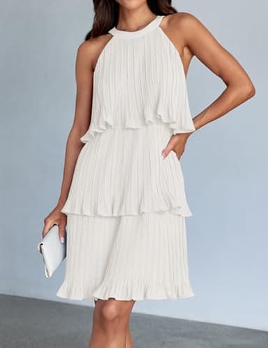 ZESICA Women's 2025 Summer Halter Dresses Sleeveless Ruffle Tiered Layered Chiffon Pleated A Line Swing Mini Dress,White,X-Large - Image 2