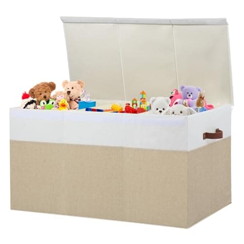 Extra Large Toy Storage Box with Lid, Sturdy Toys Storage Chest Bin Organizer Basket with Dividers for Kids, Boys, Girls, Nursery, Closet, Bedroom, Playroom 35.5"x17" x17" (Beige and White) - Image 1