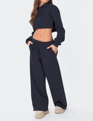 HeSaYep Women's Fleece Lined Sweatpants Wide Leg Baggy High Waisted Sweat Pants Drawstring Lounge Trousers Y2K Straight Leg Sherpa Pants Navy Blue M - Image 6