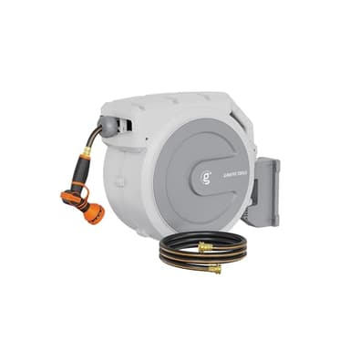 Giraffe Tools Heavy Duty Retractable Garden Hose Reel 1/2 130 FT, Wall Mounted with 9 Pattern Nozzle & Detachable Leader Hose, 180° Swivel Bracket, Any Length Lock, Commercial Grade (Light Grey) - Image 1
